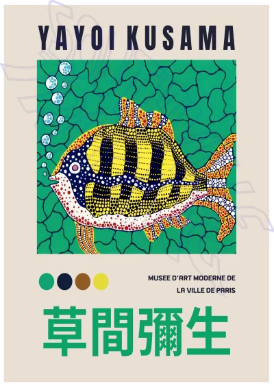 The Yellow Fish poster showcases a stylized fish with bold patterns by Yayoi Kusama. It includes text in English, French, and Japanese, complemented by a vibrant color palette.