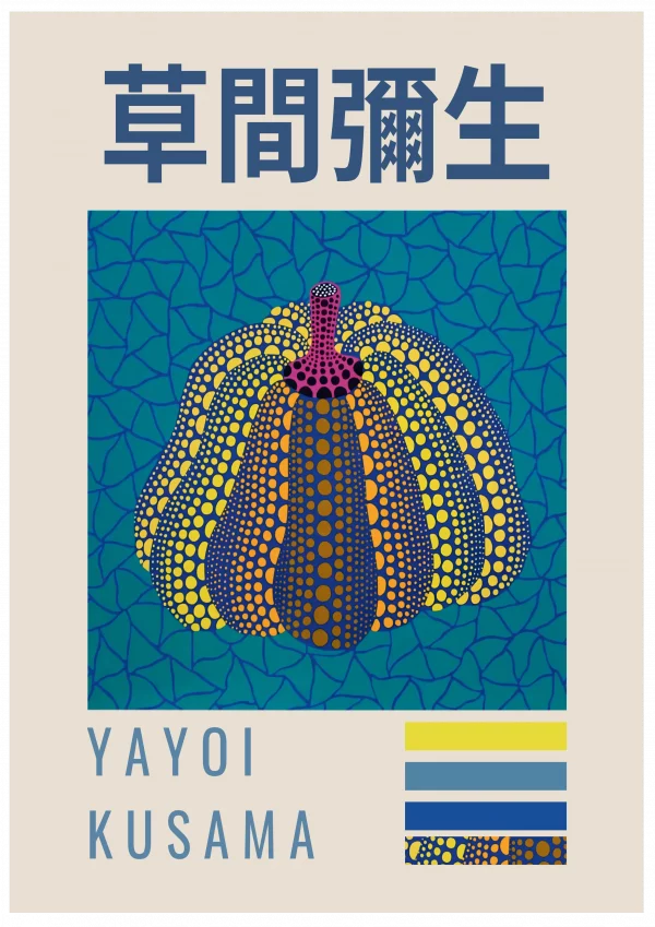 Illustration of a pumpkin with polka dots by Yayoi Kusama on a blue background, featuring Japanese characters and color swatches.