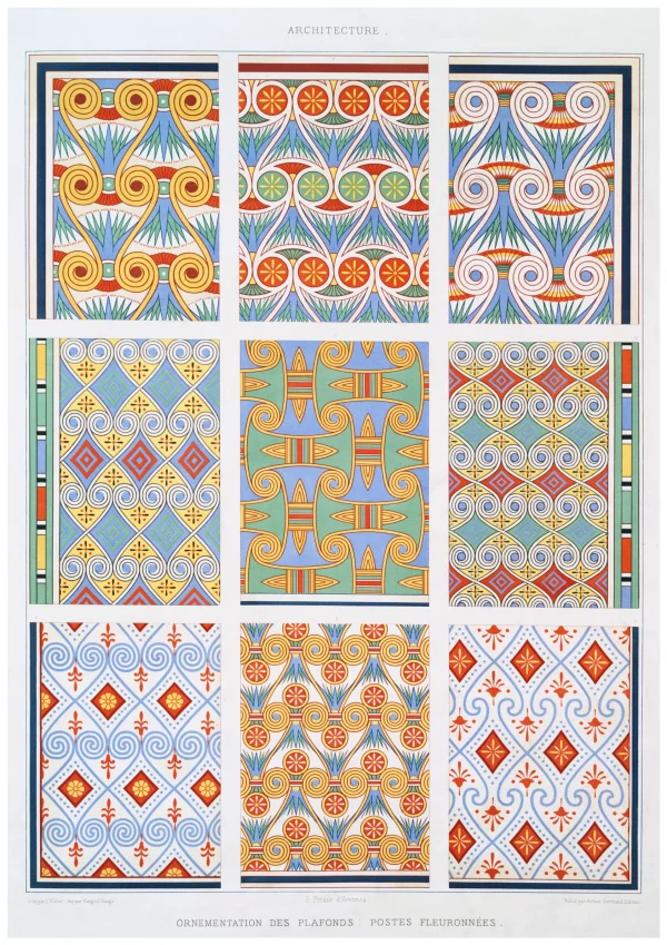 Ceiling Ornamentation Flowered posts (Theban Necropolis) from Histoire de l_art égyptien (1878) by Émile Prisse d_Avennes
