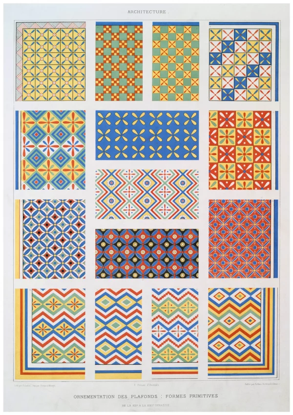 Ceiling Ornamentation Flowered posts (Theban Necropolis) from Histoire de l_art égyptien (1878) by Émile Prisse d_Avennes1